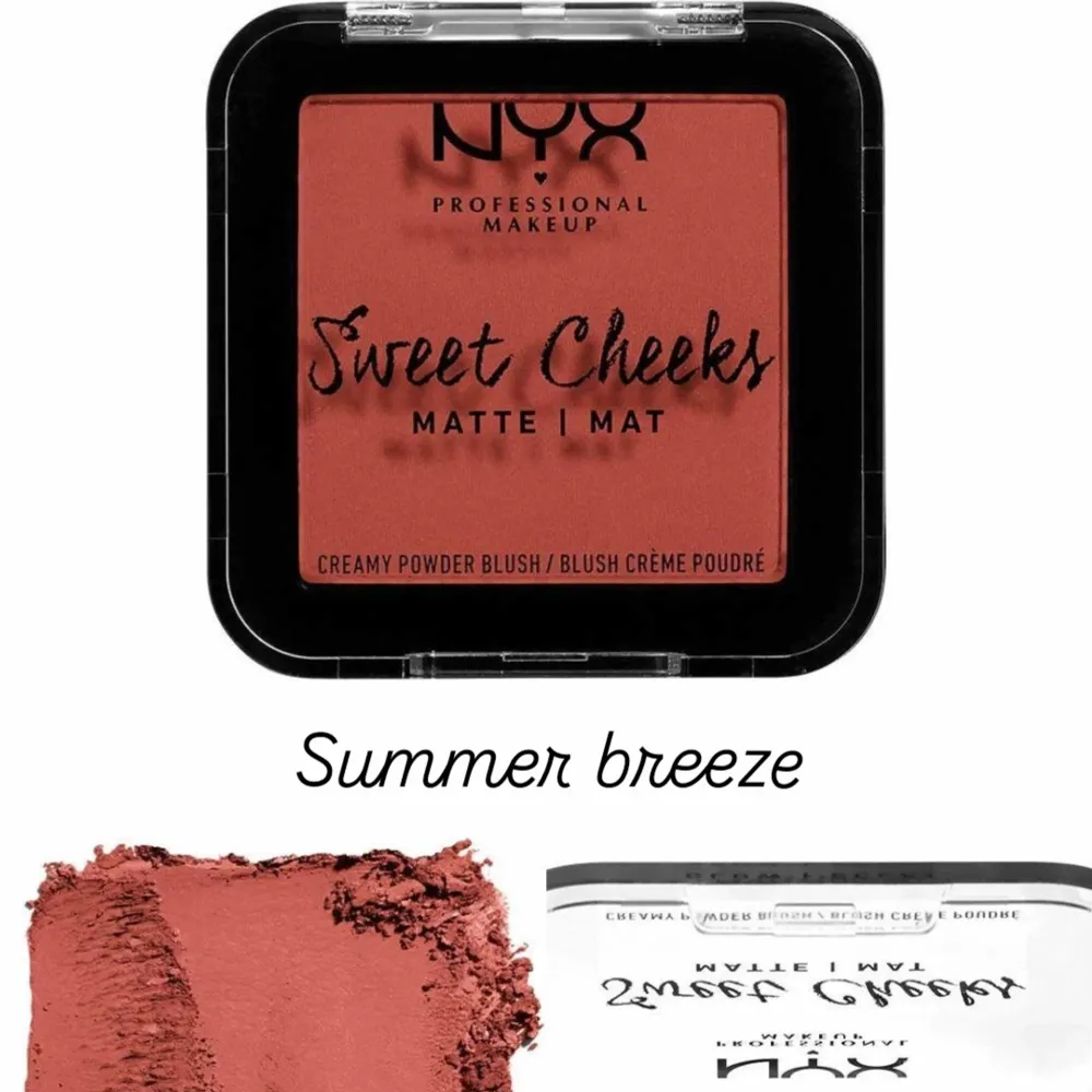 Helt nya obruten förpackning! Säljer NYX Sweet Cheeks Matte rouge i färgerna Daydream ,Summer Breeze och Citrine rose. Perfekt för en matt finish.                                      Inkluderar även NYX Glitter Brillants i olika nyanser för extra glans och glamour. Ice GLI07 (st)  Gold GLIO5 (1st)  Bronze GLI08 (1st)  Silver GLI10 (1st)  Violet GLI11 (1st)  Pris i butik för sweet cheeks 139kr och Pris för Glitter brilliant i butik 99kr (Se paketpris)👇. Skönhet.