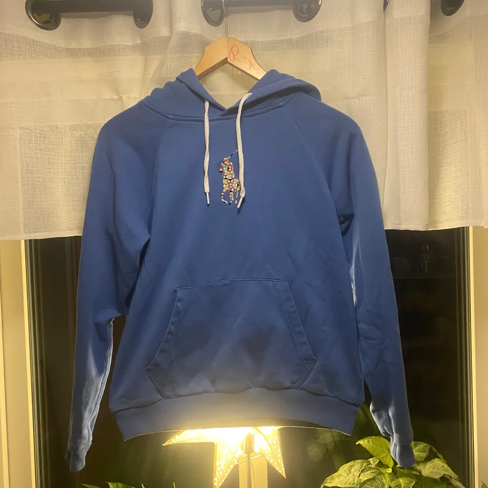 Säljer en snygg blå hoodie från Ralph Lauren med en färgglad broderad logga på bröstet. Tröjan har en klassisk känguruficka och justerbar huva med vita snören. Perfekt för en avslappnad stil.. Tröjor & Koftor.