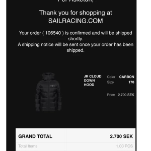 SAiL RACING JR CLOUD DOWN HOOD - Fin dunjacka (  bortsett från en liten lagning på vänster arm därav priset) nypris 2700:- 