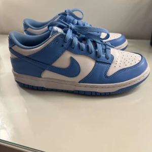 Nike Dunk i blått och vitt - Säljer ett par Nike Dunk sneakers i snygg blå och vit färgkombination. Skorna har klassisk snörning och är i mycket bra skick. Perfekta för både vardag och träning. Skorna har en stilren design med perforerade detaljer på tån för extra ventilation. Använda 2 gånger