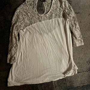 Vit spetsblus med trekvartsärm - Elegant vit blus med spetsdetaljer på axlar och ärmar. Blusen har en v-ringad design och trekvartsärmar, vilket ger en stilren och feminin look. Perfekt för både vardag och speciella tillfällen.