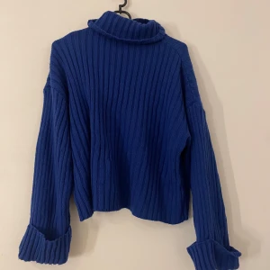 Blå ribbad polotröja - Säljer en blå ribbad polotröja med långa ärmar. Passar dem som har storlek 36-38 