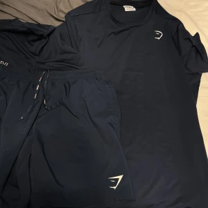 Blå träningsset från Gymshark - Snyggt träningsset från Gymshark i svart. T-shirten är kortärmad med en diskret logga på bröstet. Perfekt för gymmet eller löprundan. Och ett par shorts får man