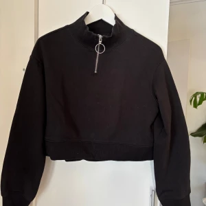 Svart croppad tröja med dragkedja - Snygg svart croppad tröja med dragkedja och hög krage. Perfekt för en stilren look. Tröjan har långa ärmar och en ribbad nederkant.