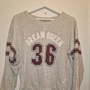 Grå tröja med sporttryck - Säljer en grå tröja från H&M med texten 'Dream Queen 36' i vitt och vinrött på framsidan.