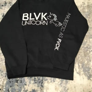 Svart hoodie från BLVK Unicorn - Säljer en svart hoodie från BLVK Unicorn med texten 'Majestic as F*ck' på ärmen och en enhörningstryck på framsidan. Perfekt för en avslappnad stil. Den har en klassisk känguruficka och är tillverkad i mjukt material.
