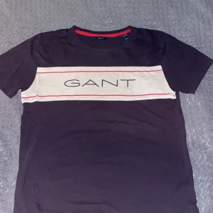 Svart t-shirt från GANT - Snygg svart t-shirt från GANT med ett brett vitt band och röda ränder över bröstet. GANT-loggan är tryckt i mitten av det vita bandet. Perfekt för en avslappnad stil.