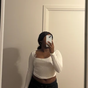 Vit ribbad långärmad topp - Säljer en superfin vit ribbad topp med långa ärmar. Den har en tight passform och är perfekt för både vardag och fest. Toppen är i mycket bra skick och passar perfekt till jeans eller kjol. Perfekt för höst och vår!