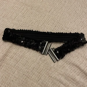 Svart glittrigt bälte🪩 - Säljer ett snyggt svart bälte med glittriga paljetter, perfekt för halloween eller fester😍😍 Vet ej vart den är ifrån och det står int ehellwr på den!