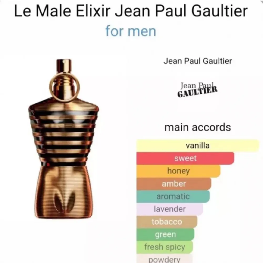 Säljer Le Male Elixir från Jean Paul Gaultier, en herrparfym med en lyxig flaska i guld och svarta sträck svart. Doften har noter av vanilj, honung och amber, med inslag av lavendel och tobak. Perfekt för den som vill ha en söt och kryddig doft till speciellt vintern (Julen) ❄️☃️ Passar perfekt för speciella tillfällen eller vardagsbruk. Priset står för 10ml. 10ml är ungefär 100st spray. FINNS ÄVEN I 2,3,5,10ML KOLLA PROFILEN FÖR ANDRA STORLEKAR ! 2ml 39kr | 3ml 49kr | 5ml 69kr | 10ml 119kr |  . Parfym.