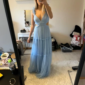 Ljusblå långklänning med volangdetaljer -  Ljusblå (färg likt Askungen) balklänning från ”Oh Hello Clothing” med volangdetaljer på axelbanden i v-ringad design. Klänningen har en öppen rygg med knytning och är tillverkad i luftigt material som tyll vilket är väldigt material.  🩵aldrig använd!! säljer för att det inte går att lämna tillbaka. Nypris 1072kr