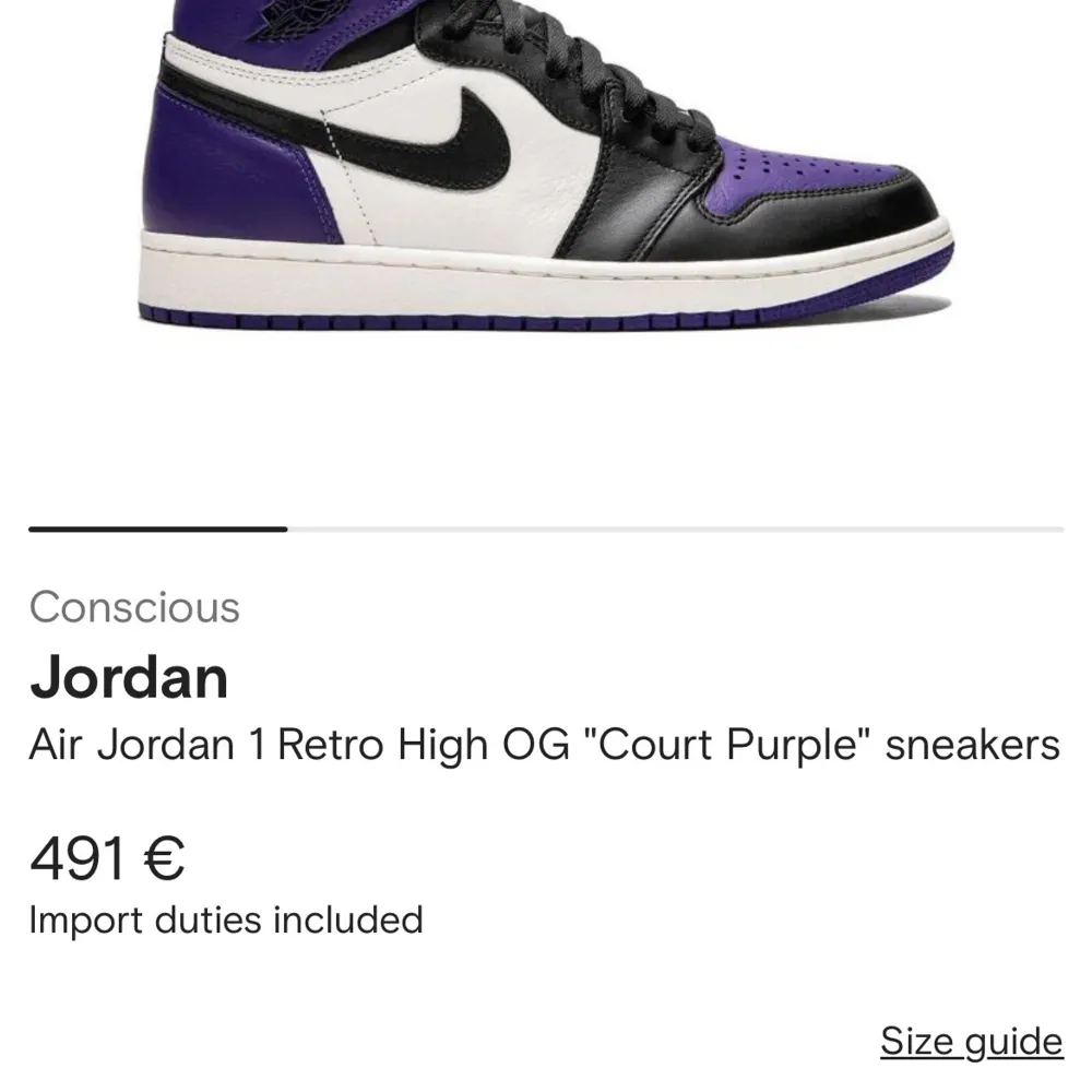 Säljer mina Jordans 1 high retro purple köpte dom för 4000kr men de inte min still längre, säljer dom sä bilgt för vill bli av me dom . Skor.