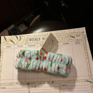 Färgglada handledsband - Säljer ett par supermjuka och fluffiga handledsband i ljusblått med söta röda och gröna detaljer. Perfekta för att hålla vattnet borta när du tvättar ansiktet. De är både praktiska och gulliga!