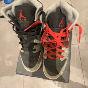 Nike Air Jordans med svarta och röda snören - Säljer ett par Nike Air Jordans i svart med grå detaljer. Skorna har både svarta och röda snören, vilket ger en unik look. Perfekta för dig som vill ha en stilren men ändå iögonfallande sneaker.