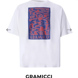 T-shirt från Gramicci - Säljer en vit t-shirt från Gramicci med ett stort tryck i blått och rött på framsidan. T-shirten har en oversized passform och har en lite längre baksida. Sjukt snygg. Använd ett fåtal gånger, säljer pga att den inte kommer till användning. Nypris 799kr. 