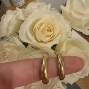 Guldiga örhängen i klassisk design - Säljer ett par snygga guldiga örhängen i en klassisk rund design. De är perfekta för både vardag och fest och ger en elegant touch till vilken outfit som helst. Örhängena har en enkel stiftlåsning och är i mycket bra skick.