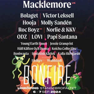 Bonfire festival - Jag säljer 2st tvådagars BASIC till Bonfire festivalen i Linköping 6-7 September. Ingen åldersgräns. Total kostnad på hemsidan för 2st basic: 4198kr. Jag säljer för 3000kr. Finns möjlighet att uppgradera till comfort. 🫶🏽