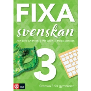 Fixa svenskan 3 (häftad) - Fixa svenskan kan användas även för Gy 25. Kompletta kursböcker Kursböckerna lotsar eleverna genom litterära teman och motiv, litterär analys, språkvetenskapliga frågor och muntlig och skriftlig framställning i olika genrer - allt på ett sätt som är både stöttande och fördjupande.  Arbetsgången i Fixa svenskan är tydlig och innehållet varierat och engagerande. Serien utmanar och utvecklar eleven med flera olika typer av uppgifter.  Uppslaget Längst bak i respektive bok finns en matnyttig uppslagsdel med bland annat litteraturvetenskapliga begrepp, språkriktighet, referatteknik och källhantering.  Fixa svenskan 3 I Fixa svenskan 3 får eleven möta skönlitteratur skriven på 1900-talet och fram till vår egen tid. Här introduceras några olika litteraturvetenskapliga analysperspektiv.  De språkvetenskapliga kapitlen handlar om svenskans plats i världen, språks släktskap och svenskans historia.  Både den muntliga och den skriftliga framställningen i Fixa svenskan 3 betonar det vetenskapliga arbetssättet. Bland de genrer som behandlas finns PM, vetenskapliga rapporter och retorikanalys.   Extramaterial och Digitalbok Fixa svenskan fortsätter på webben! Till grammatikavsnittet i Fixa svenskan 2 finns det webbövningar. Digitalboken är en kopia av den tryckta boken.     Format Häftad   Omfång 387 sidor   Språk Svenska   Förlag Natur &amp; Kultur Läromedel och Akademi   Utgivningsdatum 2020-05-12   Medverkande Pär Sahlin   Medverkande Helga Stensson   ISBN 9789127457270  