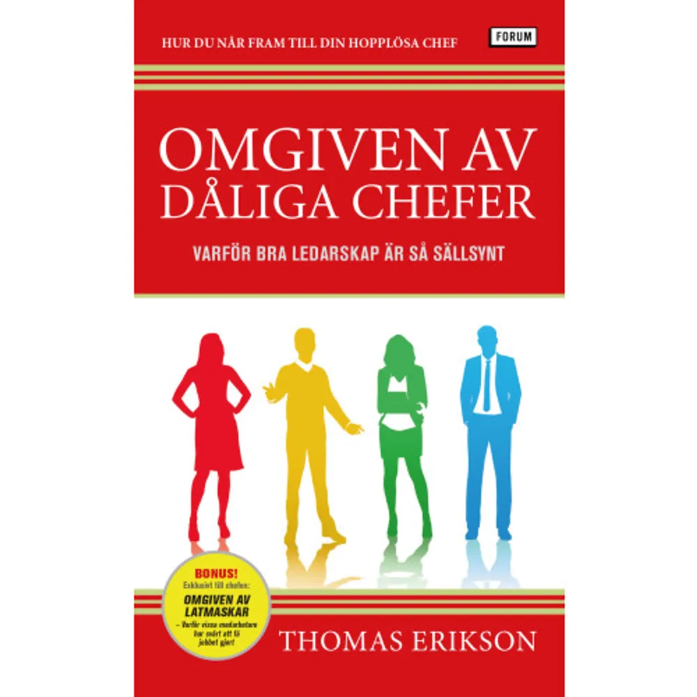 I Omgiven av dåliga chefer får du lära dig att handskas med de mest hopplösa chefer du kan föreställa dig. Thomas Erikson, författare till succéböckerna Omgiven av idioter och Omgiven av psykopater, vet vad han talar om. Själv har han varit både chef och anställd och i sin roll som ledarskapsutvecklare har han mött alla typer av chefer.Om dina barn inte beter sig som förväntat kan du alltid ändra taktik i din uppfostran. Om du har en bekant som visar sig vara en skitstövel kan du givetvis gå därifrån. Men om däremot din chef uppträder orättvist och ställer orimliga krav är det plötsligt inte lika enkelt att veta vad man ska ta sig till. Vi har alla varit där. Chefen och du tycks inte komma från samma planet. Och även om du inte råkat ut för chefen från helvetet kanske du har fått vissa obehagliga överraskningar i mötet med din chef. Kanske har du tilldelats stort ansvar men inga befogenheter? Kanske har du och din chef olika personlighetsprofiler och fungerar på totalt olika sätt? Och kanske misstänker du ibland att din chef faktiskt är ett hopplöst fall. Lugn. Det finns lösningar.På ett lättsamt och underhållande sätt visar boken hur människors olika beteenden kan påverkas. Och går också igenom vad som utmärker en exemplarisk ledartyp.Eftersom ett mynt alltid har två sidor finns som en extra bonus till alla chefer: Omgiven av latmaskar – en manual i hur du hanterar underpresterare. Den här boken utreder såväl varför bra ledarskap är så sällsynt som varför vissa medarbetare har svårt att få jobbet gjort.    Format Pocket   Omfång 335 sidor   Språk Svenska   Förlag Bokförlaget Forum   Utgivningsdatum 2020-07-07   Medverkande Anders Timrén   ISBN 9789137156729  . Böcker.