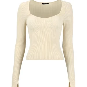 Beige ribbad långärmad topp med slits ärmar - Snygg beige ribbad topp med lång ärm och fyrkantig ringning.