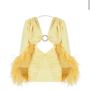 Viola & Vesper - Superunik gul klänning med djup v-ringning, öppen rygg och snygg cut-out framtill. Klänningen har vida ärmar och är dekorerad med fluffiga fjädrar längs ärmarna. En glittrig ring framtill ger extra wow-känsla. Perfekt för dig som vill sticka ut! Saknas lite fjädrar se bild. Nypris ca 10.000kr