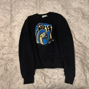 Svart sweatshirt från Lanvin Paris med tryck - Cool svart sweatshirt från Lanvin Paris med färgglatt tryck framtill i blått, gult och vitt. Tröjan har rund halsringning och långa ärmar. Tillverkad i bomull och gjord i Italien. Perfekt för dig som gillar streetwear och designerplagg.