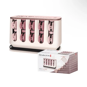 Remington Pro Luxe värmespolar rosa - Remington Pro Luxe värmespolar i snygg rosa och vit design. Setet innehåller flera spolar och klämmor i plast, perfekt för att skapa volym och lockar. Kommer i en praktisk förvaringsbox som även värmer spolarna snabbt och smidigt.