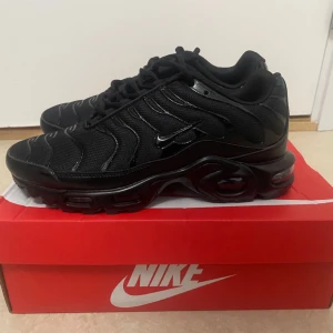 Nike Air Max Plus helsvarta sneakers - Säljer ett par helsvarta Nike Air Max Plus med klassisk TN-detalj på hälen. Skorna har en sportig design med mesh och syntetpaneler, samt synlig Air Max-dämpning i sulan. Perfekta för dig som gillar en clean och stilren look.