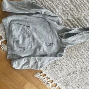 Grå hoodie med broderad apa - Säljer en ljusgrå hoodie från H&M med en broderad apa på bröstet. Tröjan har huva, magficka och långa ärmar. Perfekt för chill dagar eller när du vill ha något bekvämt och stilrent.