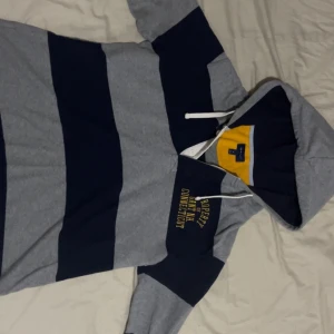 Randig hoodie från Gant i marinblått och grått - Snygg hoodie från Gant med breda marinblå och grå ränder, gul insida i huvan och broderad gul text på bröstet. Tröjan har snörning i huvan, långa ärmar och är gjord i mjuk bomull. Perfekt för en chill och sportig look.