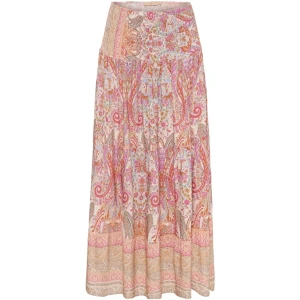 Mönstrad långkjol i bohemisk stil - Säljer en färgglad långkjol med bohemiskt mönster i rosa, beige och orange toner. Kjolen har en lös passform och är perfekt för en avslappnad stil. Den är tillverkad i ett lätt och luftigt material som passar bra för varmare väder.