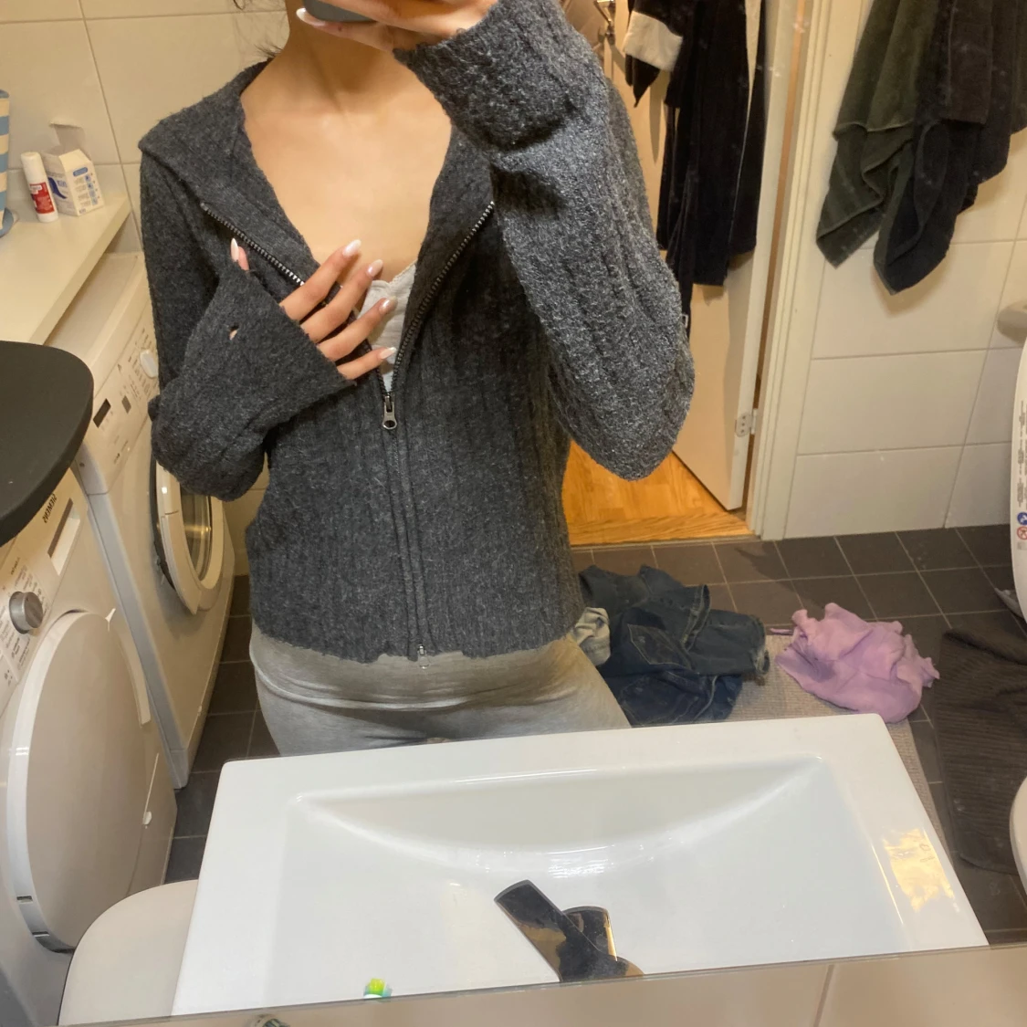 Mörkgrå stickad cardigan jacka - 1