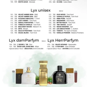 Parfym 50-100ml, exakt som dem riktigta bara mer olja i så dem håller i dagar - Säljer parfymflaskor på 50-100ml med dofter inspirerade av populära märken som Dior, Chanel, Tom Ford, Gucci och många fler. Flaskorna är stilrena och finns i olika färger och former, både för dam, herr och unisex. Samma oljor som i originalen används. Perfekt för dig som vill ha lyxig doft till bra pris. Man kan få dofta på alla ochså