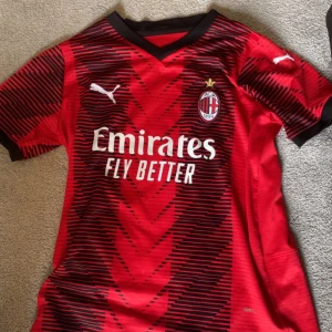 AC Milan Puma fotbollströja röd/svart - AC Milan matchtröja från Puma i rött med svarta grafiska ränder och detaljer. Broderat klubbmärke på bröstet, vit Puma-logga och sponsortryck. Kortärmad modell i lätt funktionsmaterial, perfekt för fotboll eller att bära som supporter.