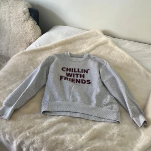 Grå sweatshirt från Zara med tryck - Grå sweatshirt från Zara med mörkrött tryck 'CHILLIN' WITH FRIENDS' på bröstet. Tröjan har rund hals, ribbade muddar vid ärmslut och nederkant samt lång ärm. Perfekt för en chill och avslappnad stil. Materialet är mjuk bomullsmix.