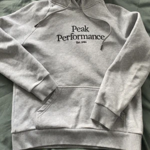 Grå hoodie från Peak Performance - Säljer en ljusgrå hoodie från Peak Performance med svart broderad logga på bröstet. Tröjan har huva med dragsko och en stor magficka. Mjuk insida och ribbade muddar vid ärmslut och nederkant. Liten i storleken sitter mer som S 