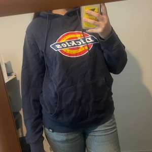 Mörkblå Dickies hoodie med logga - Säljer en mörkblå hoodie från Dickies med stor färgglad logga på bröstet. Tröjan har huva med snörning och en klassisk känguruficka framtill. 