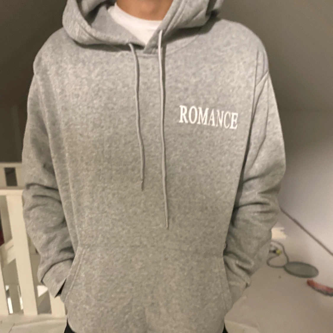 Grå hoodie med duvor och text Romance - 1