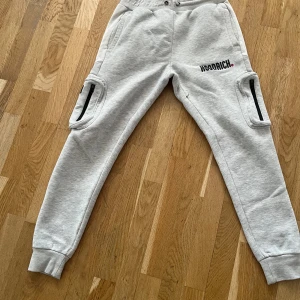 Grå mjukisbyxor från Hoodrich - Säljer ett par grå mjukisbyxor från Hoodrich med elastisk midja och muddar vid bensluten. Byxorna har praktiska fickor med dragkedja och en snygg logga på sidan. Perfekta för en avslappnad stil.