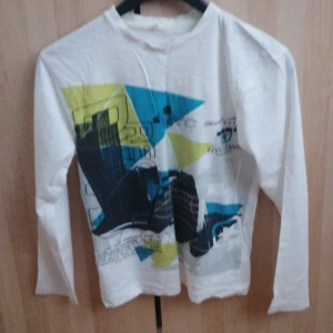 Vit långärmad tröja med grafiskt tryck - Säljer en vit långärmad tröja med ett coolt grafiskt tryck i blått, gult och svart. Perfekt för en avslappnad stil med en unik touch. Tröjan har en rund hals och är tillverkad i ett mjukt material.