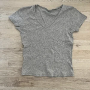 Grå v-ringad t-shirt från brandy Melville  - Grå t-shirt från Brandt Melville  med v-ringad hals och korta ärmar. Modellen är enkel och har en normal passform, perfekt för en chill och avslappnad stil. Materialet är mjuk bomull som känns skönt mot huden. Diskret logga tryckt på insidan av tröjan.