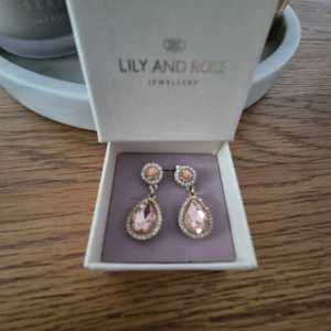 Lily and Rose örhängen med rosa stenar - Superfina droppformade örhängen från Lily and Rose med glittrande ljusrosa stenar och små klara kristaller runt om. De har en elegant design med rund sten upptill och större droppformad sten nedtill, perfekt för att ge din look extra bling.
