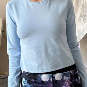 Ljusblå långärmad tröja - Snygg ljusblå långärmad tröja med enkel och clean design. Tröjan har rund hals och är tillverkad i mjukt bomullsmaterial som känns skönt mot huden. Passformen är normal och den är perfekt att matcha med jeans eller kjol för en chill look.