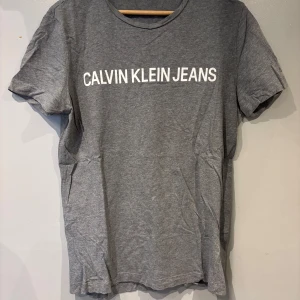 Grå t-shirt från Calvin Klein Jeans - Snygg grå t-shirt från Calvin Klein Jeans med vit logga tryckt över bröstet. Klassisk rund hals och korta ärmar. Perfekt för en clean och stilren look.