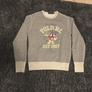 Grå sweatshirt från Polo Ralph Lauren - Säljer en grå sweatshirt från Polo Ralph Lauren med Större tryck framtill'. Tröjan har långa ärmar, ribbade muddar och rund hals. Perfekt för en avslappnad stil.