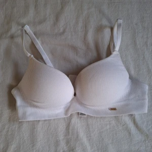 Vit ribbad, superpush-up bh - Säljer en vit ribbad bh från köpt i Budapest i storlek 75A. Den har justerbara axelband och en klassisk hakknäppning bak. Ingen tagg kvar men knappt använd!