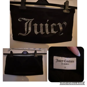 Svart Juicy Couture set - Fint Juicy Couture sett i svart med diamanter Byxor, hoddie samt en topp.  Byxorna har en gammal skada som är lagad hos sömmerska, men det är inte synligt. Enstaka diamanter kan ha lossnat men även de är inte synligt  Rekommenderas att tvätta det i 30 grader fin tvätt (syns på sista bilden) för att säkerställa att diameterna sitter kvar.  Kan tänka mej att sälja separat om det är ett önskemål. Skriv för mer info elle bilder. Pris är diskuterbart. Köpt för ca 2500kr