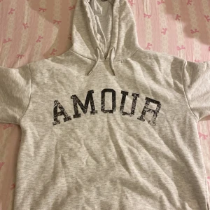 Grå hoodie från Gina Young - Säljer en grå hoodie från Gina Tricot Young med texten 'AMOUR' på framsidan och en stjärna på baksidan. Storlek 158-164 passar S💕
