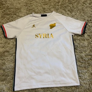 Vit Syrien fotbollströja LAIB XXS - Vit fotbollströja från LAIB i storlek XXS med guldiga tryck, bland annat texten SYRIA och en siluett av Syrien. Tröjan har korta ärmar med röd, svart och grön rand på mudden. Materialet är lätt och andas, perfekt för träning eller match.