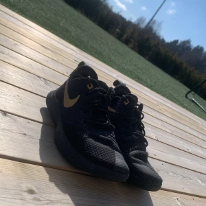 Svarta Nike basketskor med guldlogga👍 - Snygga svarta Nike basketskor med en iögonfallande guldlogga på sidan. Skorna har en texturerad yta och snörning framtill. Perfekta för en sportig look. Pris kan diskuteras 😜
